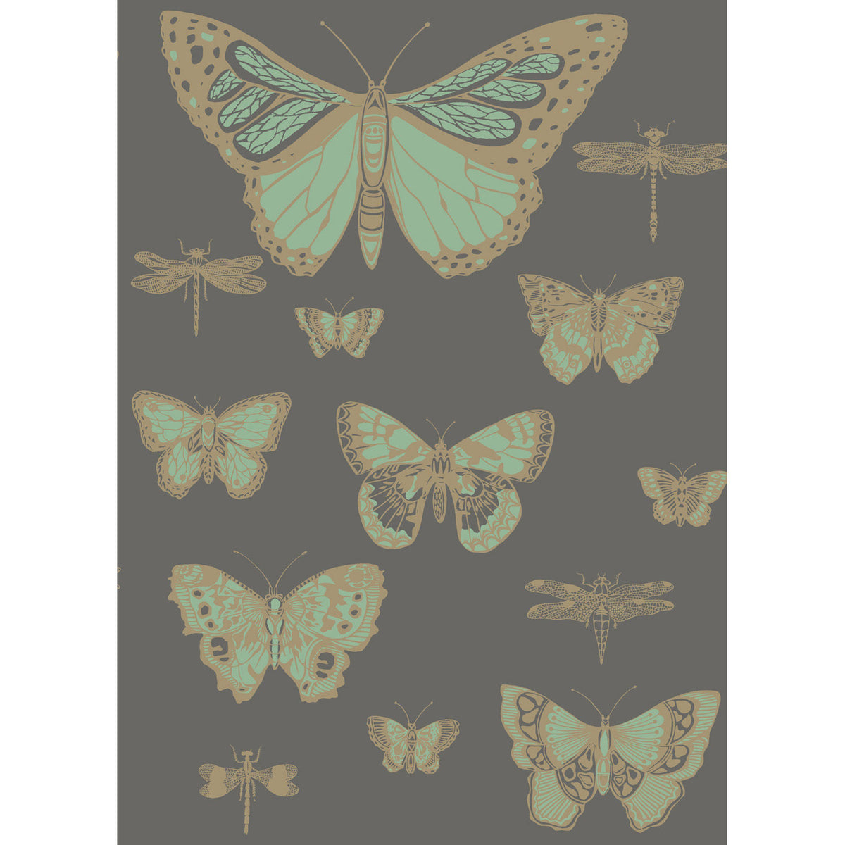 COLE & SON WHIMSICAL BUTTERFLIES & DRAGONFLIES GREEN ON CHAR WALLPAPER