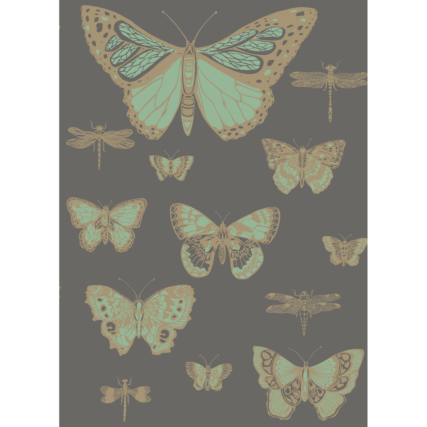 COLE & SON WHIMSICAL BUTTERFLIES & DRAGONFLIES GREEN ON CHAR WALLPAPER