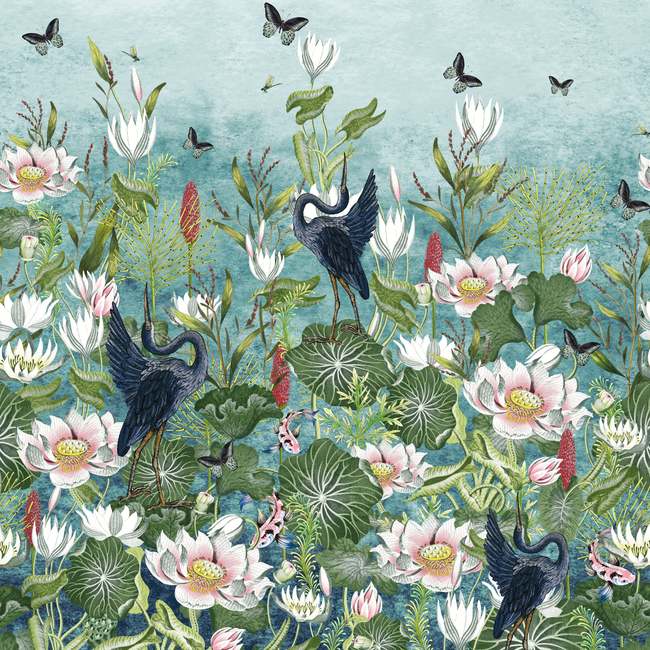 CLARKE & CLARKE BOTANICAL WONDERS WALLPAPER WATERLILY BANNER WP - MARINE W0138/01.CAC.0